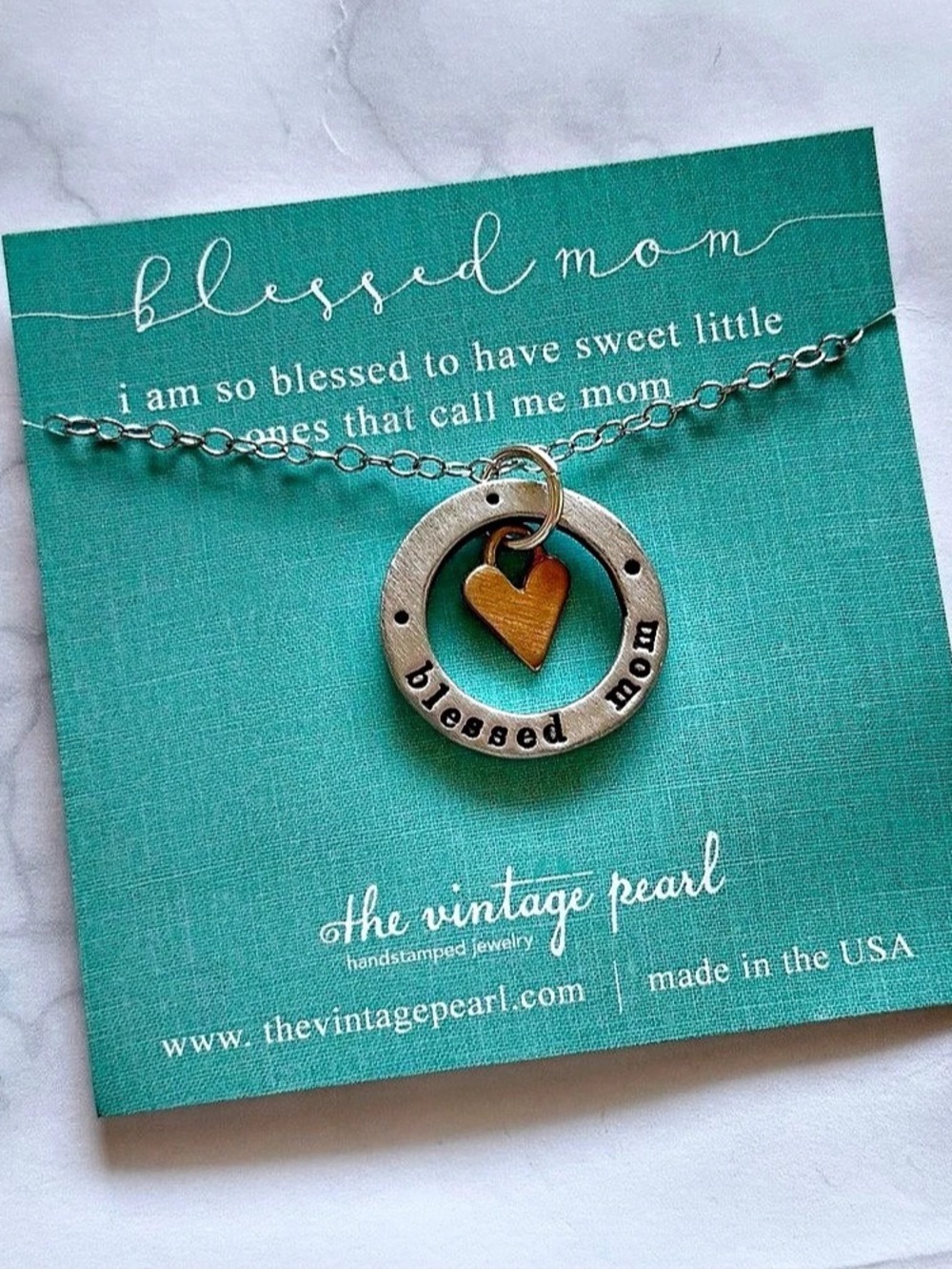 The Vintage Pearl Blessed Mom Washer With Heart Necklace Sterling Silver & Yello